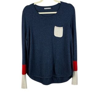 Zaket & Plover Blue Cotton Cashmere Blend Long Sleeve XL Top Red Cream Accents